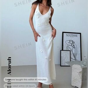 Cream Spring Deep V-Neck Dress with Flowers